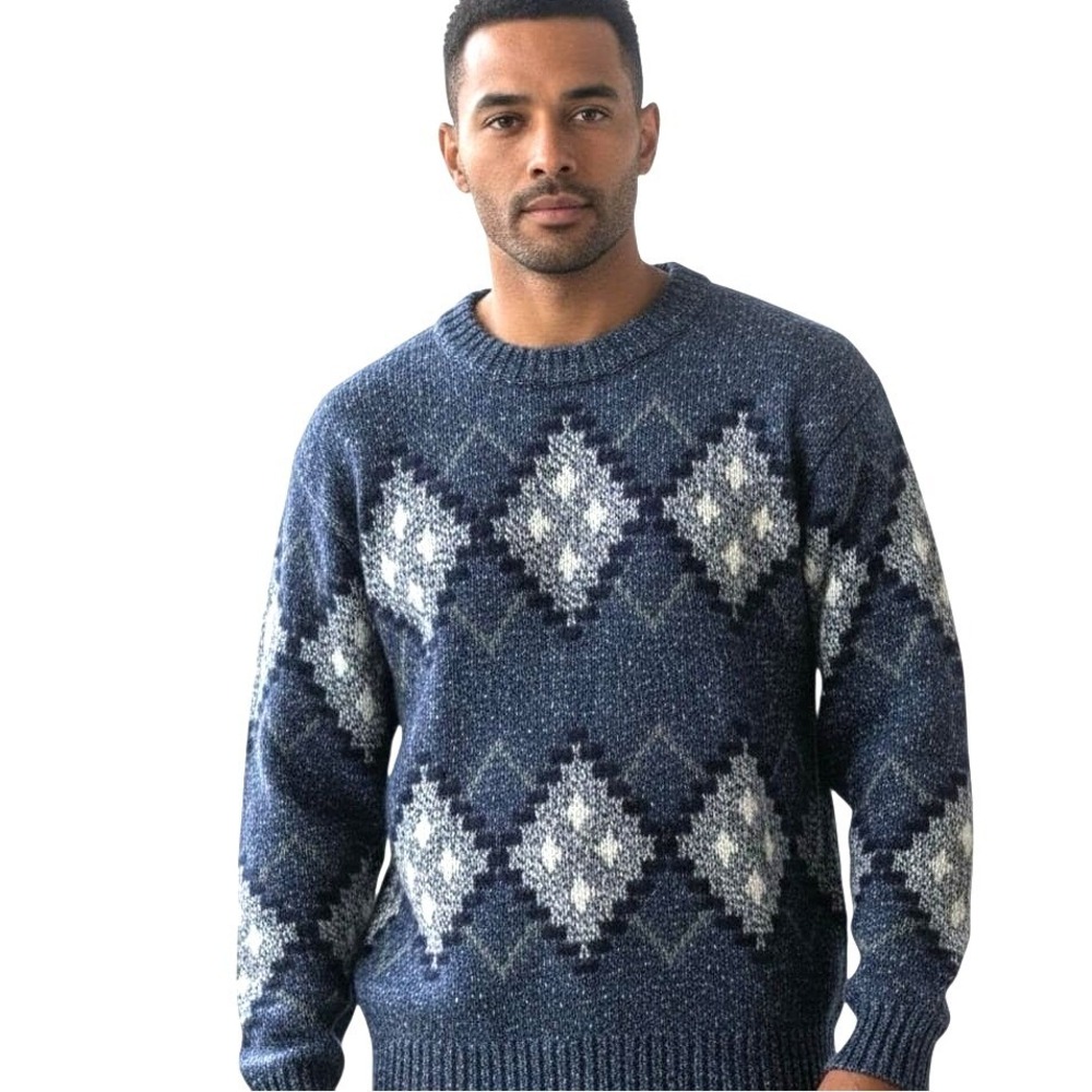 VTG LL Bean Men L Wool Silk Argyle Knit Pullover Sweater Preppy Classic Cozy